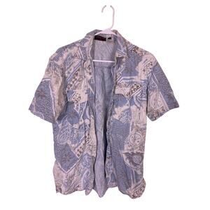 Vintage Blue Cherub Print Button Up Shirt Mens Medium Cotton Short Sleeve Angels